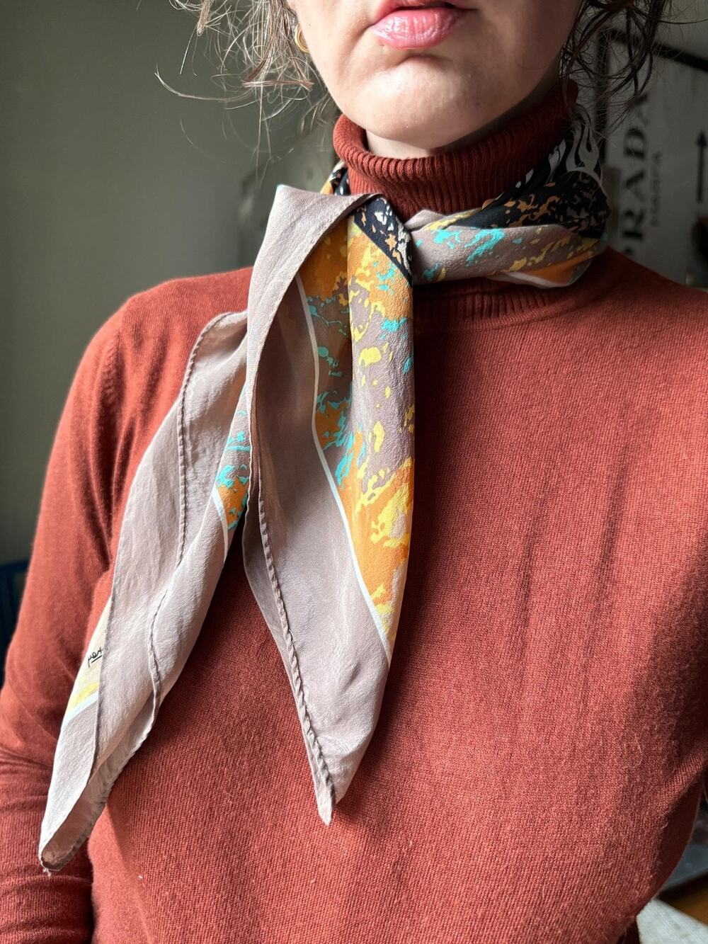 Vintage 80s Silk Scarf | Hand Rolled Square | Modernist Painterly Print 32x32